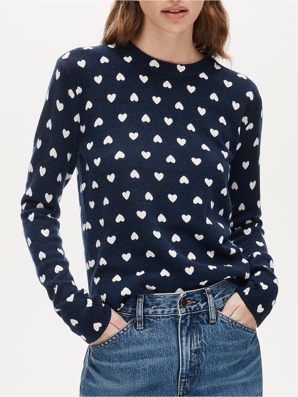 NWT J. Crew Navy Blue White Cashmere classic-fit crewneck sweater heart print XS